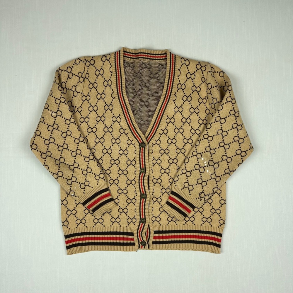 Monogram Knit Cardigan V-Neck Button Front Striped Trim Tan Black Red Small